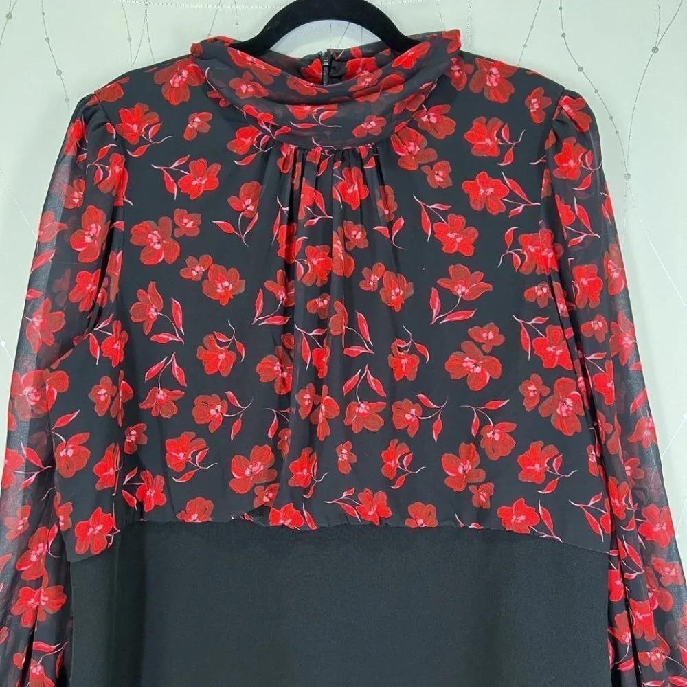 Badgley Mischka Black Red Floral High Neck Sheath Dress $495 - Picture 6 of 14